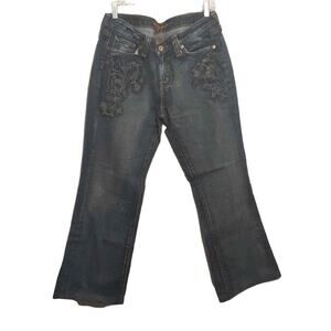 HIPPIE womens jeans 30x28 blue green bootcut embroidered 100% cotton denim boho